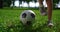 Closeup kid legs doing football tricks. Young player practice on green field.