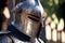 Closeup of knight headshot helm in armor standing guard of the palace background. Medieval and Crusades war concept. Generative AI