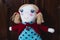 Closeup of knitted stuffed rag doll soft toy for a child
