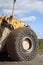 Closeup of Large yellow truck wheel protection