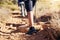 Closeup, legs and hiker in nature, fitness and exercise for wellness, fresh air and on summer vacation. Zoom, leg and