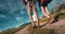 Closeup legs Hiking couple asian walk trekking travel together at forest for camping