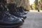 Closeup of a line of military boots of soldiers.