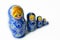A closeup line of Russian dolls in a row