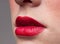 Closeup lips make-up zone. Mat red.