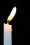 Closeup of lit white candle against black back