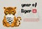 Closeup a little tiger with Year of tiger letters and examples texts on  valley and gray background.