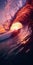 Closeup Look of Ocean Waves Tube in Dark Purple Sunset with Sun Inside Wave. Generative ai