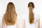 Closeup before after loose hair, pony tail back view isolated on white background. Quick and easy Hair-styles for clean long hair
