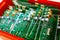 Closeup of Lot of Electronic Printed Circuit Boards with Lots of Surface Mounted Components. Horizontal Image
