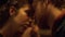 Closeup lovers enjoy sensual date. Romantic couple faces touch nose at evening.