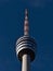 Closeup low angle view of the top of famous Fernsehturm (tv tower) of Stuttgart, Germany located in district Degerloch.