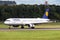 Closeup of Lufthansa airplane departing at Edinburgh airport