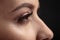 Closeup macro photo of woman`s eyes with long lashes and natural makeup