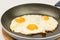 Closeup macro view of fried eggs in teflon frying pan