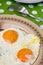 Closeup macro view of fried eggs in teflon frying pan