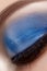 Closeup Macro of Woman Face with Blue Eyes Make-up. Fashion Celebrate Makeup, Glowy Wet Eye Shadows and Black Eyelashes