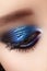 Closeup Macro of Woman Fashion Make-up of Eyes. Glitter Blue Celebrate Makeup, Perfect Color of Eyeshadows. Long Lashes