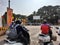 Closeup of Magadi Road Tolgate signal beautiful view in the morning with karnataka flag waving in the circle