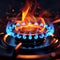 Closeup magic gas burner emits mesmerizing blue orange flames in vivid illustration