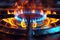 Closeup magic gas burner emits mesmerizing blue orange flames in vivid illustration