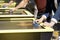 Closeup of male businessman competition in a table hockey game i