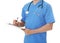 Closeup of male doctor in scrubs with stethoscope and clipboard on white. Medical staff