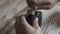 Closeup of male hands set new film. Vintage camera. Rangefinder camera