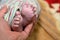 Closeup of a male's hand holding a newborn baby's tiny feet