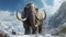 closeup mammoth trudges over snow covered hills. woolly mammoth, prehistoric ice age. generative ai