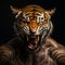 closeup of man as angry tiger face roaring on black background