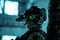 Closeup man uniform with machine gun and turned on night vision device. Airsoft soldier with green light on face in night building