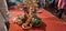 Closeup of Marriage hall decorated with colorful garland and hindu tamil traditional puja arrangement