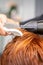 Closeup of master's hand with blow-drying and hairbrush blowing female red hair in a salon.