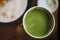 Closeup of Matcha Green Tea Latte in Cup on Table. Top View. Cafe or Restaurant