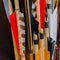 Closeup Medieval set of old wooden arrows with bright plumage