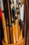 Closeup Medieval set of old wooden arrows with leather quiver