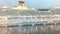 Closeup of Mediterranean ferry boat crosses frame in peaceful early morning sunlight