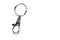 Closeup metal keychain ring carabiner white background
