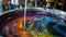 A closeup of a metal mixing tank filled with colorful liquid made from recycled materials being stirred by a machine