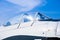 Closeup of military fighter jet cockpit and canopy against a blue sky,aircraft canopy against