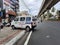 Closeup of mini ambulance vehicle parking on roadside during Corona Lock down