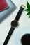 Closeup minimal fashion wristwatch for unisex