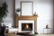 Closeup minimalistic rustic living room with a mockup frame on the fireplace.Generative AI.