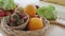 Closeup of mixed fresh vegetables and fruit on wooden table for prepared to cooking dinner. Variety vegetables basket for making