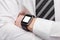 Closeup mockup of crossed male hands with smart watch isolated