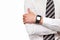 Closeup mockup of crossed male hands with smart watch isolated