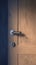 Closeup modern door handle with keyhole on wooden door