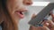 Closeup mouth talking mobile phone. Businesswoman discussing business project
