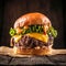 Closeup mouthwatering homemade beef burger presented attractively